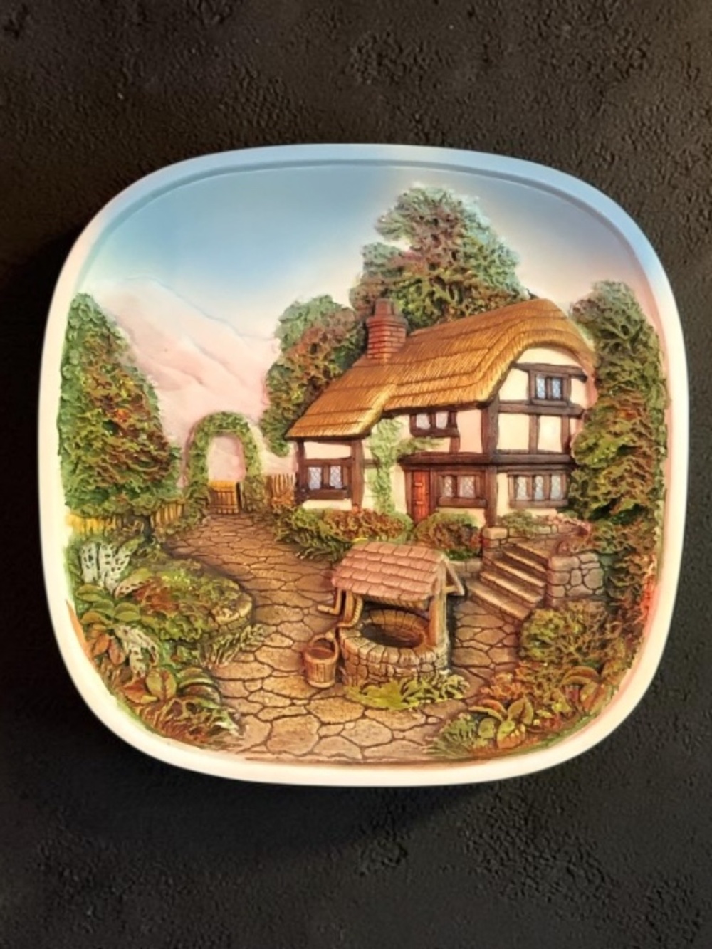 Vintage 3D Chalkware Plaques of English Cottage Scenes (Set of 2)